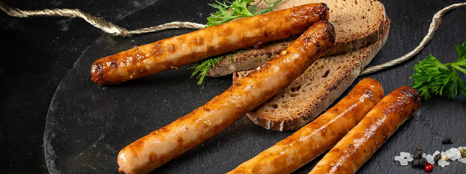Vier gebratene Bratwürste auf zwei Scheiben Brot garniert mit Petersilie auf einem dunklen Teller.
