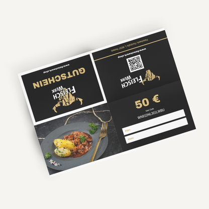 Drucklayout für einen 50 Euro Fleisch Werk Gutschein mit QR-Code, Speisenfoto und Freifeldern.