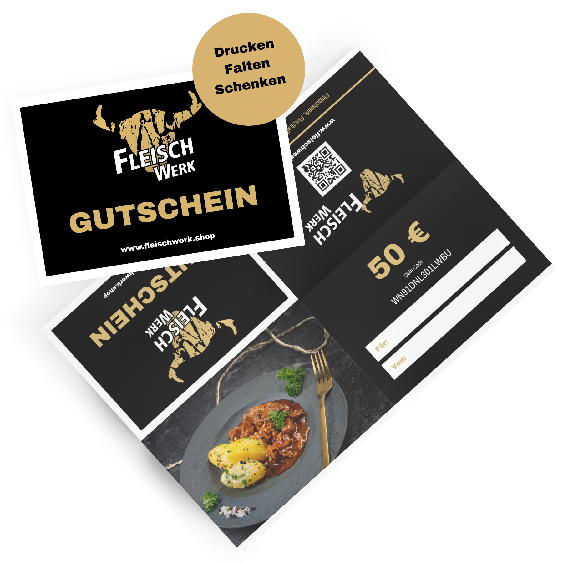 Gutschein-Mockup mit Aufschrift Drucken Falten Schenken und 50 Euro Fleisch Werk Gutschein.